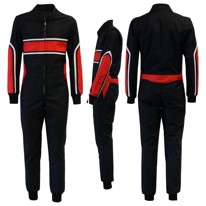 black and red go-kart car driver racing costume featuring lightweight breathable fabric, secure zip closure, stretch panels for comfort and matching gloves & belt – custom name option available.