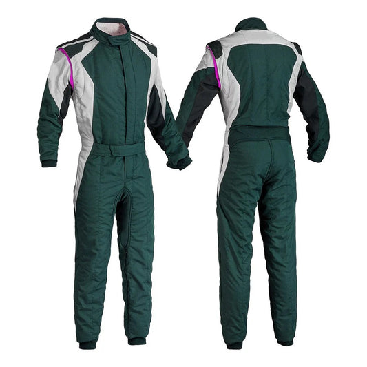 A front and back view of a go-kart car race costume in white and green, with a full zip, elasticated cuffs, and a fine collar with Velcro.