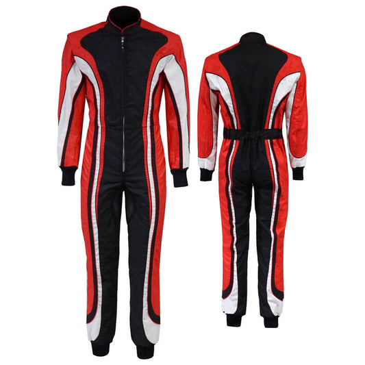 A front and back view of a black and red go-kart car race gear, featuring a full zip and elasticated cuffs.