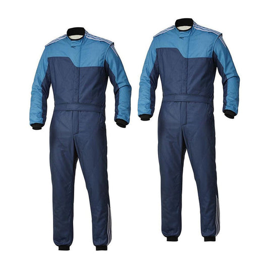 A navy and blue go-kart car racing gear, including a full zip racing suit with elasticated cuffs and a fine and soft collar with Velcro.