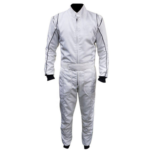 A white go-kart driver race gear with black accents and a full zip design, including elasticated cuffs and a fine collar with Velcro.