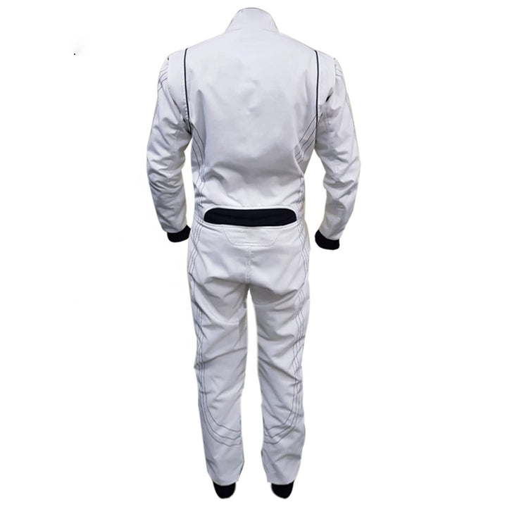 baclk of white go-kart driver race gear featuring lightweight breathable fabric, secure zip closure, stretch panels for comfort and matching gloves & belt – custom name option available.