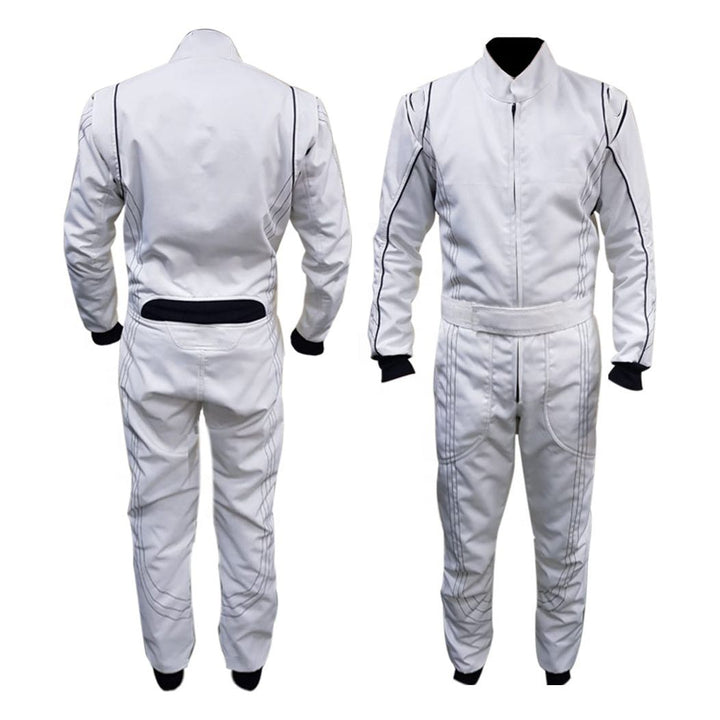 Front And Back View of white go-kart driver race gear featuring lightweight breathable fabric, secure zip closure, stretch panels for comfort and matching gloves & belt – custom name option available.t 