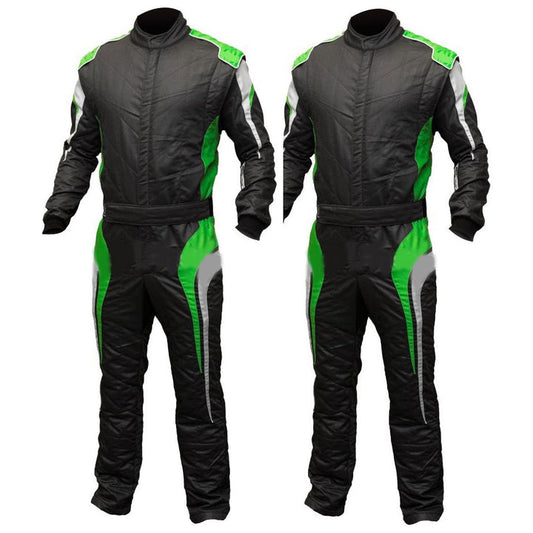 A pair of go-kart driver racing costumes, one with a zippered front and one with a full zip, both featuring a black base with green and white accents and designed for track racing.