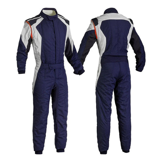 A navy and white go-kart driver racing gear with a full zip, elasticated cuffs, and a fine collar with Velcro.