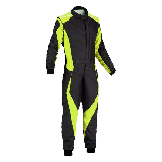 A one-piece black and green Cordura go-kart race suit with a full zip and elasticated cuffs.