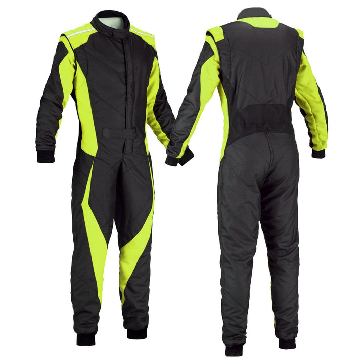 black and green Cordura one-piece go-kart racing suit featuring lightweight breathable fabric, secure zip closure, stretch panels for comfort and adjustable belt – custom name option available.