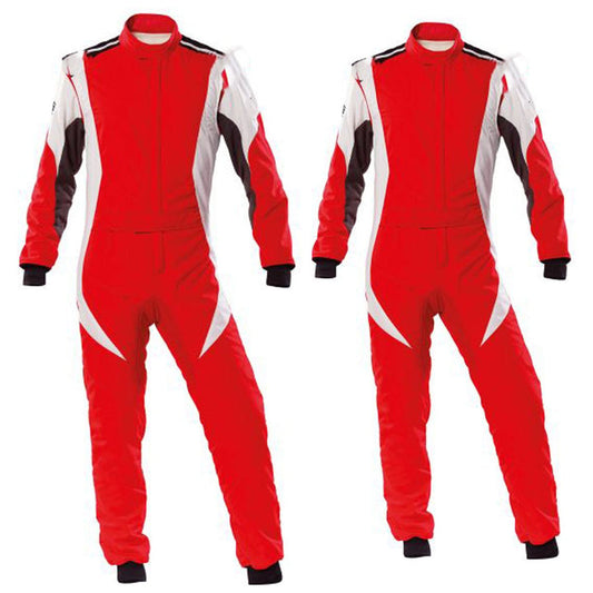 A red go-kart race suit with white and black accents, featuring a full zip and elasticated cuffs, displayed frontally and back.