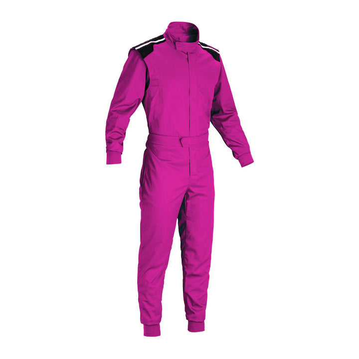 A vibrant pink full-piece go-kart race suit with a zipper, elastic cuffs, and a fine collar with Velcro.