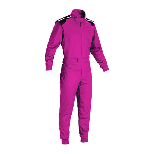 A vibrant pink full-piece go-kart race suit with a zipper, elastic cuffs, and a fine collar with Velcro.