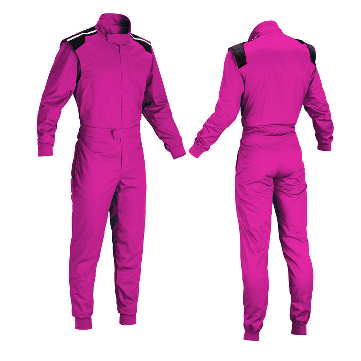 Front and Back View of Pink Go-Kart Race Outfit – One-Piece Karting Suit with Full Front Zip, Elasticated Cuffs and Ankles, Secure Velcro Collar