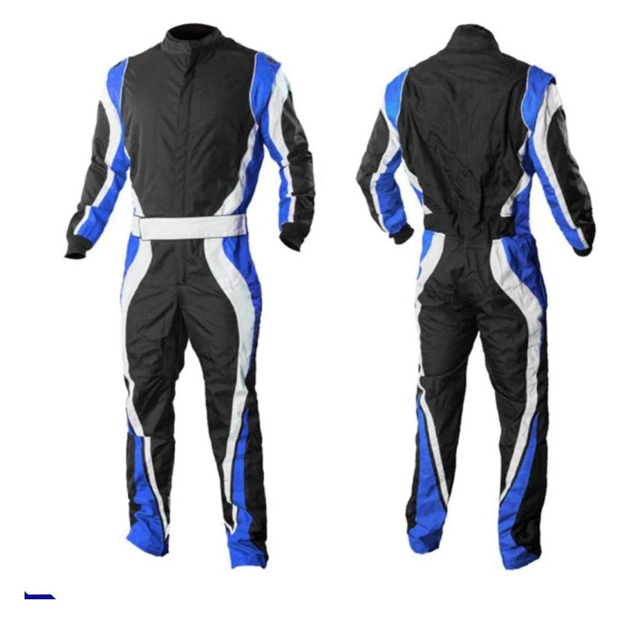 A one-piece go-kart racing suit with long sleeves, predominantly black with navy blue and white accents, designed for durability and comfort with a full zip feature.