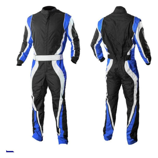 A one-piece go-kart racing suit with long sleeves, predominantly black with navy blue and white accents, designed for durability and comfort with a full zip feature.