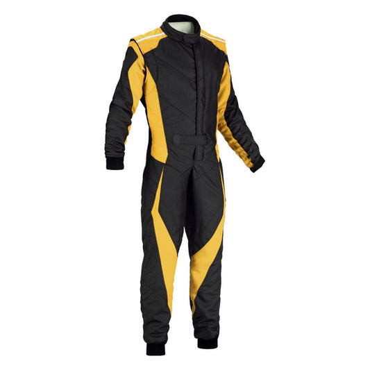 A one-piece black and gold go-kart racing suit with Cordura fabric, featuring a full zip and elasticated cuffs.