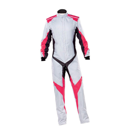 A white go-kart racing outfit with red and black accents, featuring a full zip and elasticated cuffs, displayed on a mannequin.