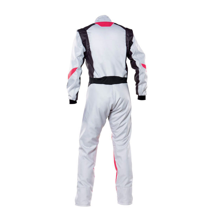 Professional white go-kart racing suit – single-piece karting wear with front zipper, stretch cuffs, secure Velcro collar, plus included gloves and adjustable belt for adults and youth.