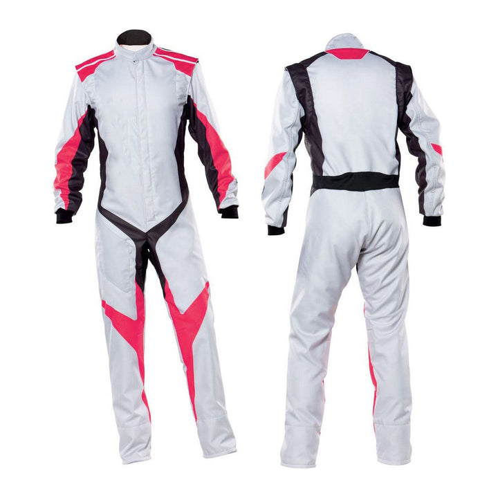 Front and Back view of white go-kart racing suit – single-piece karting wear with front zipper, stretch cuffs, secure Velcro collar, plus included gloves and adjustable belt for adults and youth.