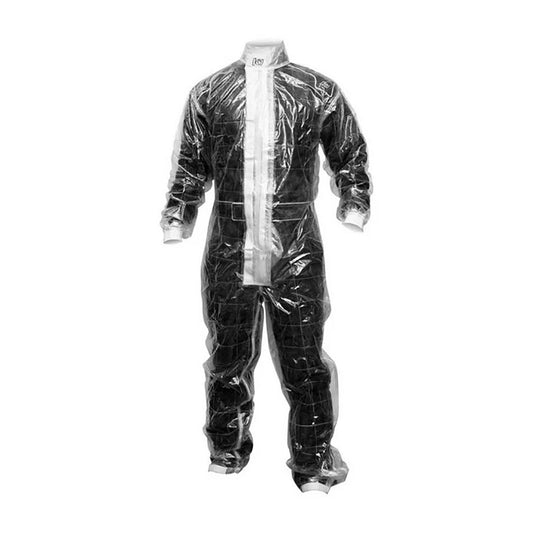 A go-kart rain suit featuring a hood, pants, and a torso protective layer, primarily in black color with white and gray accents.