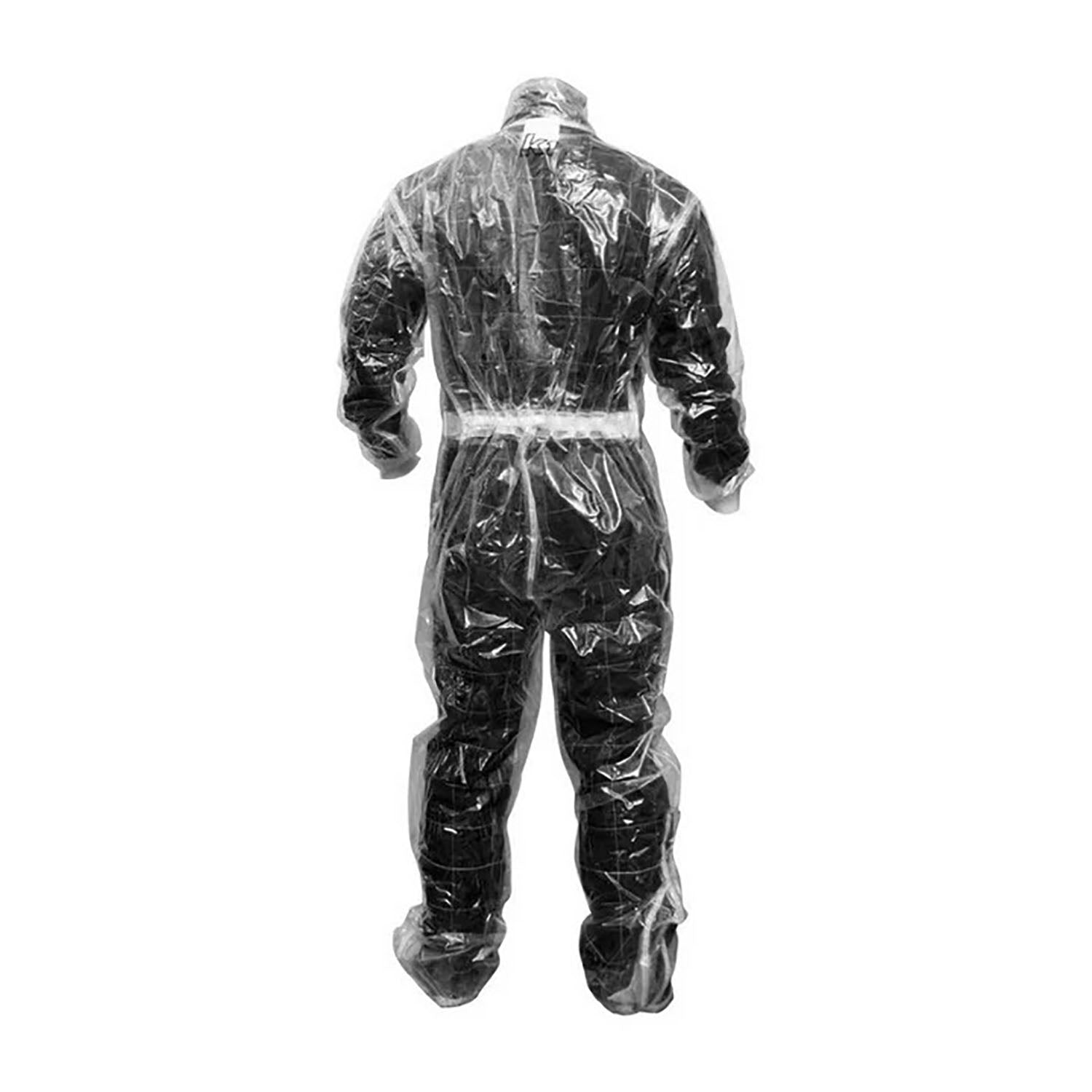Back of go-kart rain suit showing sealed seams, breathable ventilation areas, and comfortable driver fit for rain racing sessions.