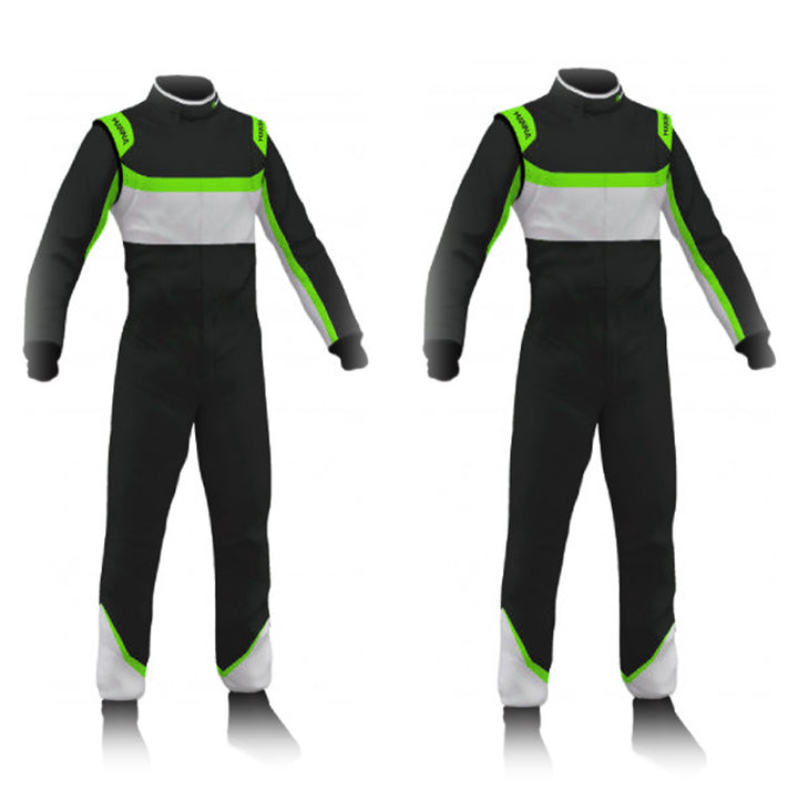 A one-piece black and green racing suit with green accents on the upper part and a full zipper.