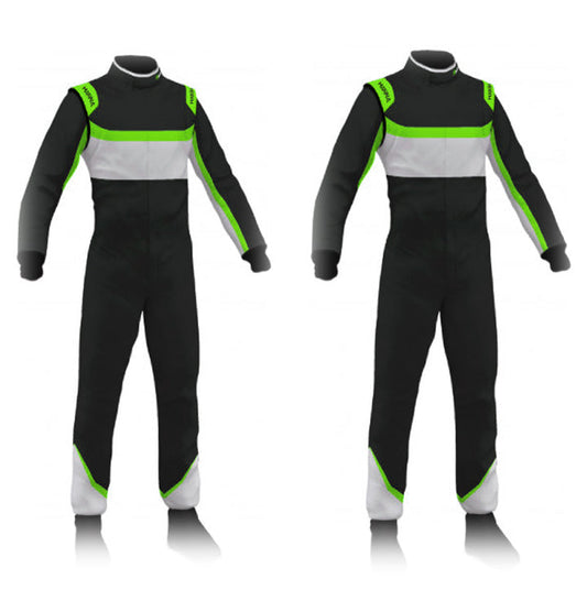 A one-piece black and green racing suit with green accents on the upper part and a full zipper.