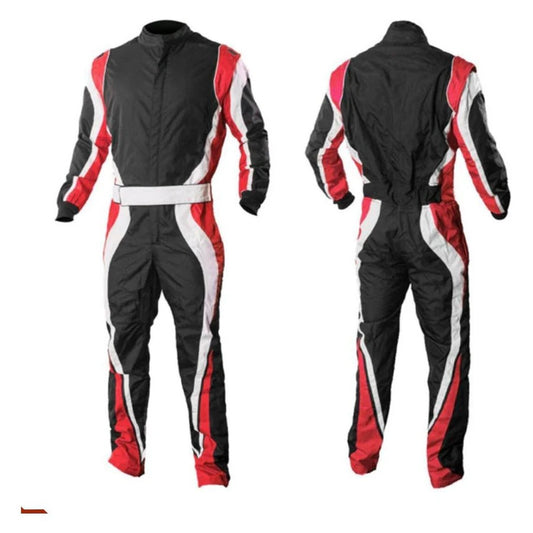 A custom racing suit for Go Karting, featuring a bold black and red color scheme with white accents, displayed from front and back views.