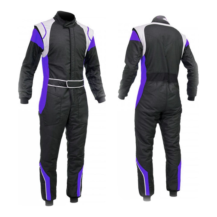 A front and back view of a blue and black go-kart racing costume with a full zip, elasticated cuffs, and a fine collar with Velcro.