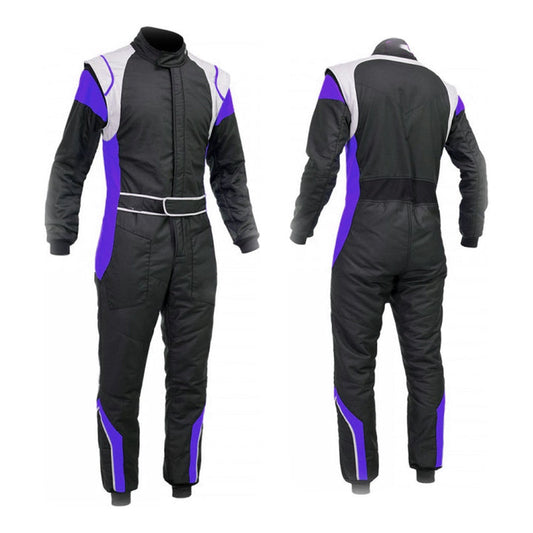 A front and back view of a blue and black go-kart racing costume with a full zip, elasticated cuffs, and a fine collar with Velcro.