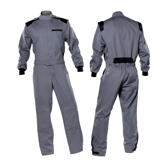 A gray custom racing suit for go karts, showing the front and back views. The suit has a fine collar with Velcro, elasticated cuffs, and a full zip.