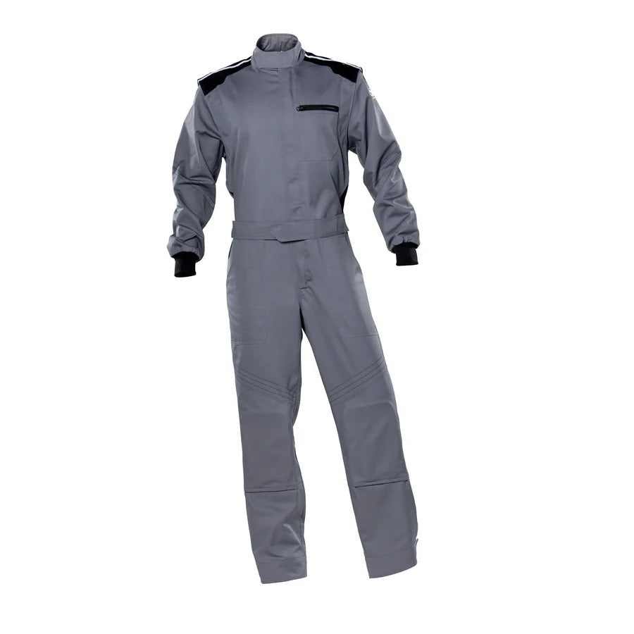 Front view of go-kart gray custom racing suit with tailored fit, durable outer layer, and professional track-ready design.
