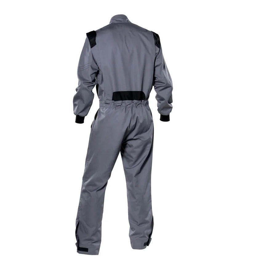 Back of go-kart gray custom racing suit showing mesh ventilation zones and ergonomic contours for flexibility.