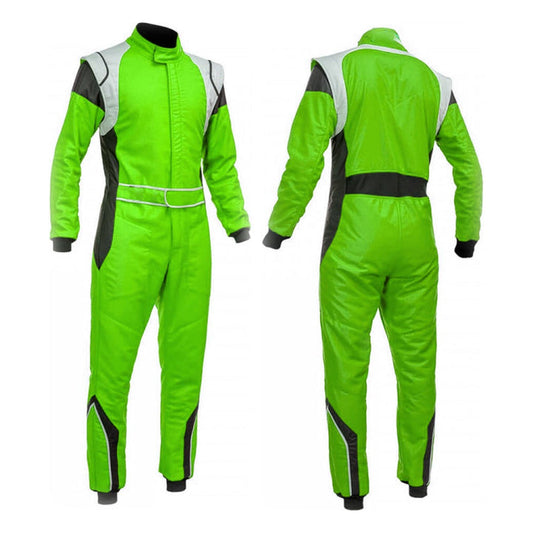 A green go-kart racing costume with white and black accents, designed for high visibility and comfort, displayed front and back.