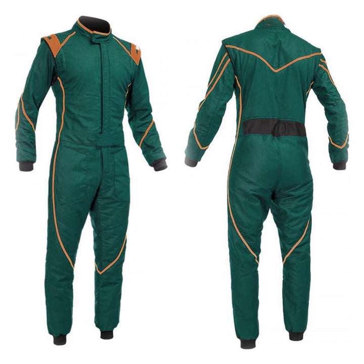 A front and back view of a Kelly green racing costume with orange and white accents, designed for go-kart racing.