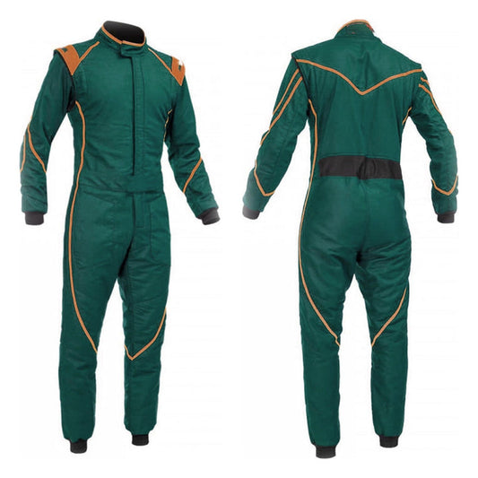 A front and back view of a Kelly green racing costume with orange and white accents, designed for go-kart racing.