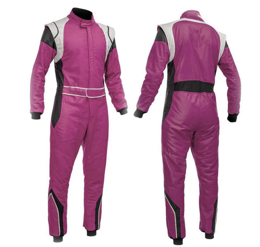 A purple go-kart racing costume with white and black accents, designed for both performance and comfort, suitable for kart racing enthusiasts.