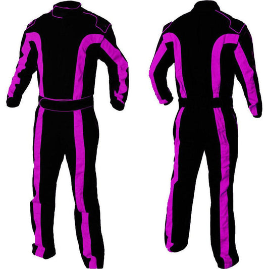 A black and purple go-kart racing costume, with a full zip, elasticated cuffs, and a fine collar with Velcro.