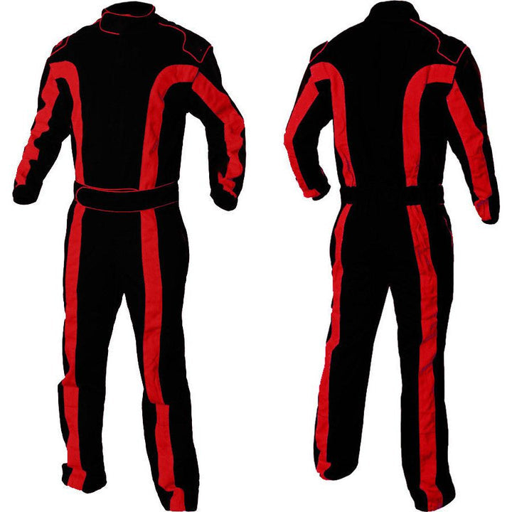 A red and black go-kart racing costume, with a full zip and elasticated cuffs, displayed from the front and back.