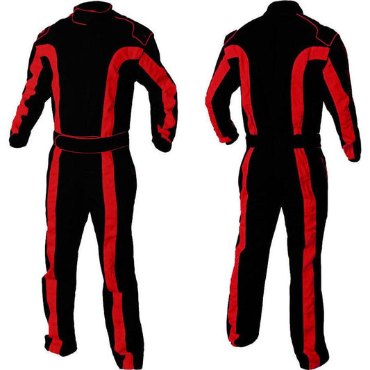 A red and black go-kart racing costume, with a full zip and elasticated cuffs, displayed from the front and back.