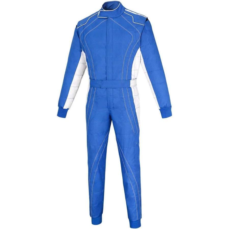 A blue go kart racing suit with white and black accents, including a full zip and elasticated cuffs, designed for male racers.