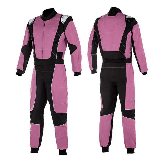 A vibrant pink and black go kart racing suit with white accents, displayed front and back, showing the full zip and elasticated cuffs.