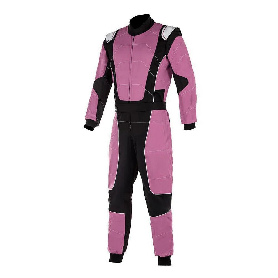 Front view of pink go-kart racing suit designed for drivers seeking style and performance with soft yet durable outer material.