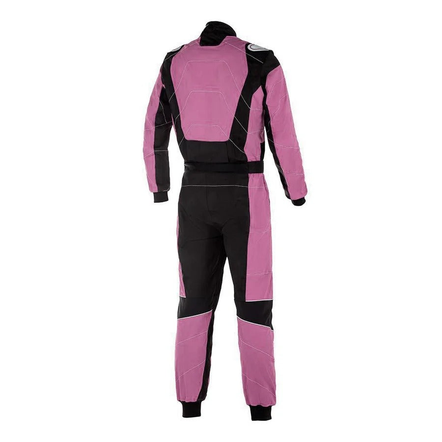 Back of pink go-kart racing suit showing breathable mesh zones, contoured fit, and reinforced back seams.