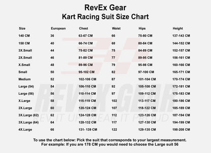 Revex Gear Formula 1 Racing Suit size chart