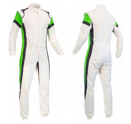 A white go kart racing costume with green and black accents, featuring a full zip and elasticated cuffs, displayed front and back.