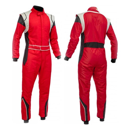 A vibrant red go-kart racing costume with white and black accents, designed for high performance and comfort, displayed front and back.