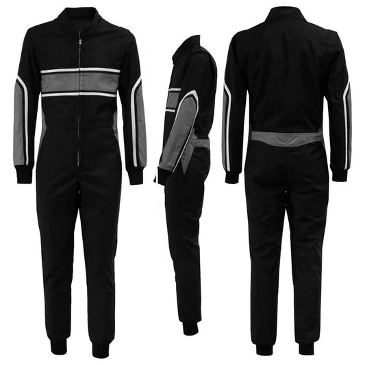 A black custom racing suit for go-karts, showing front, side, and back views. The suit has white and gray accents and features such as a full zip, elasticated cuffs, and a fine collar with Velcro.
