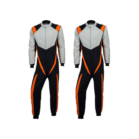 Two Karting Racing Outfits displayed against a white background, one with the zipper in front and another with the zipper in the back, both featuring gray, black, and orange colors.