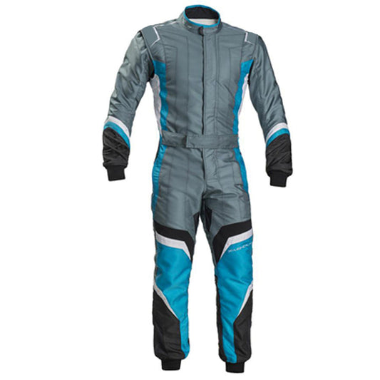 A gray and blue go-kart driver race suit with a full zip, elasticated cuffs, and a fine collar with Velcro.