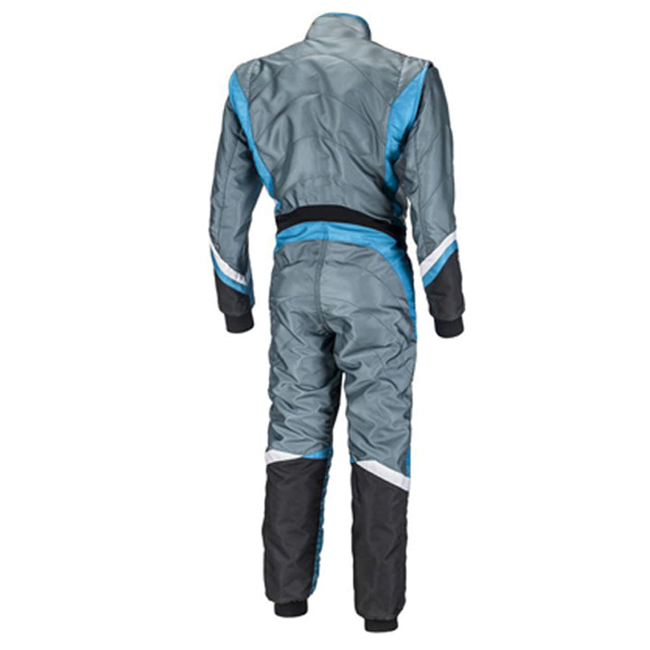 Back view of gray and blue go-kart driver race gear featuring lightweight breathable fabric, secure zip closure, stretch panels for comfort and matching gloves & belt – custom name option available.