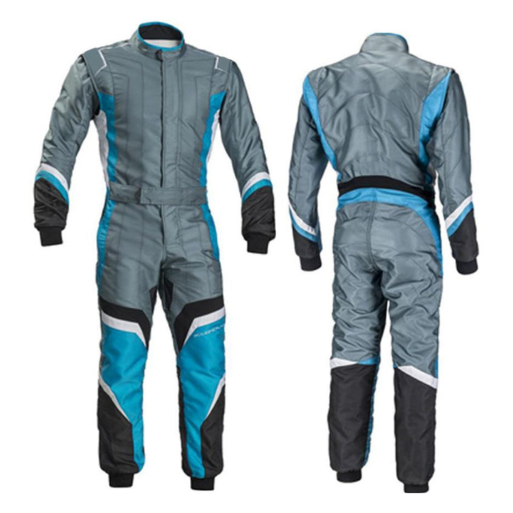 Front And Back View of gray and blue go-kart driver race gear featuring lightweight breathable fabric, secure zip closure, stretch panels for comfort and matching gloves & belt – custom name option available.